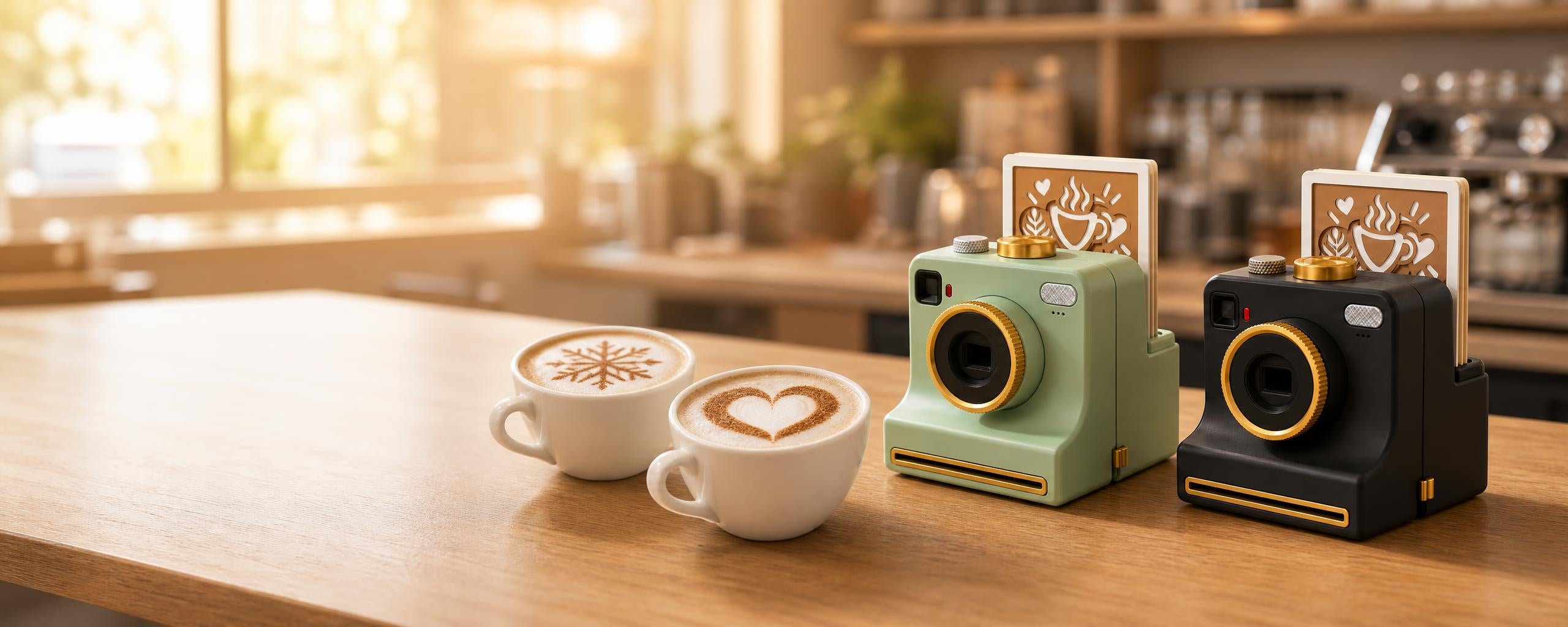 Black and green latte art cameras with two cappuccinos