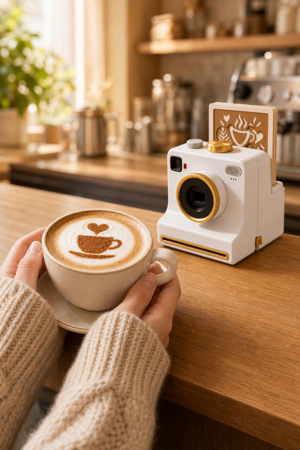 Hands holding a cappuccino with cinnamon latte art