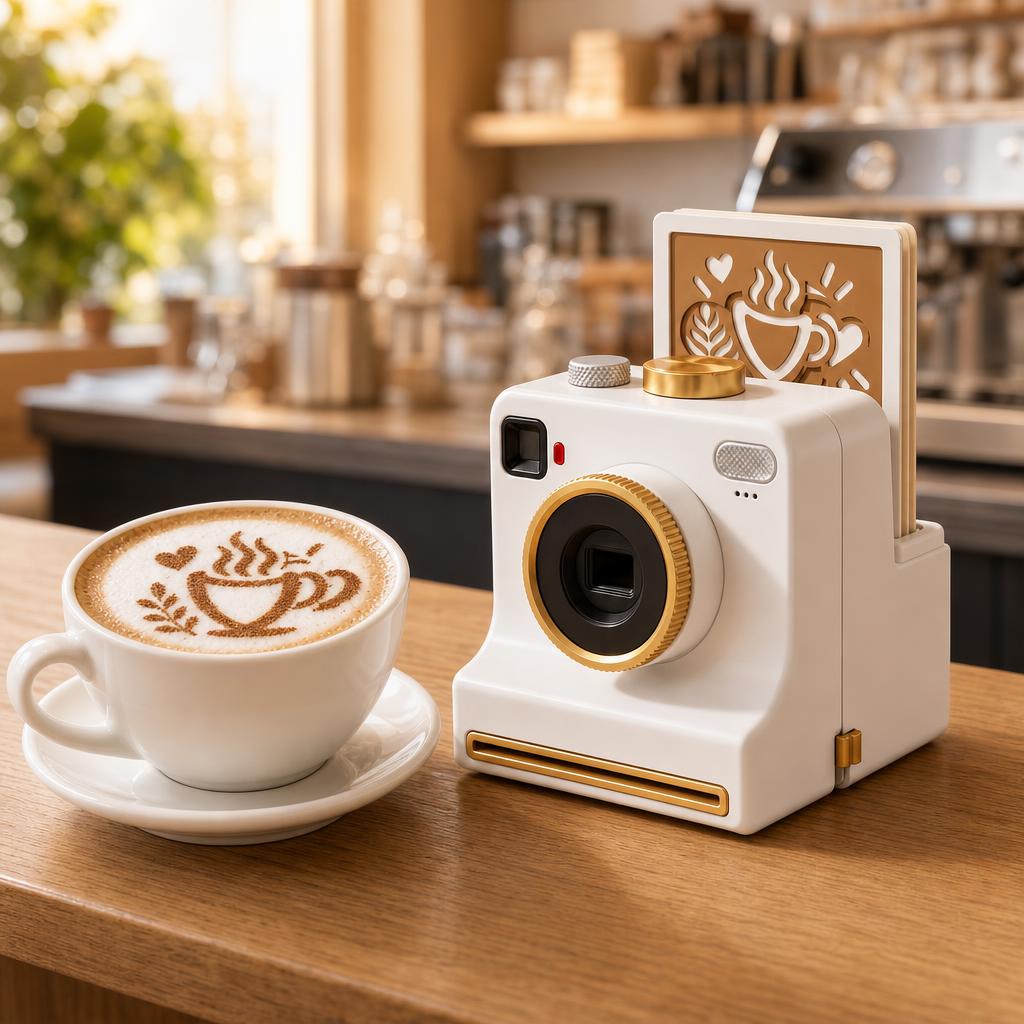 Camera latte art maker on a café counter