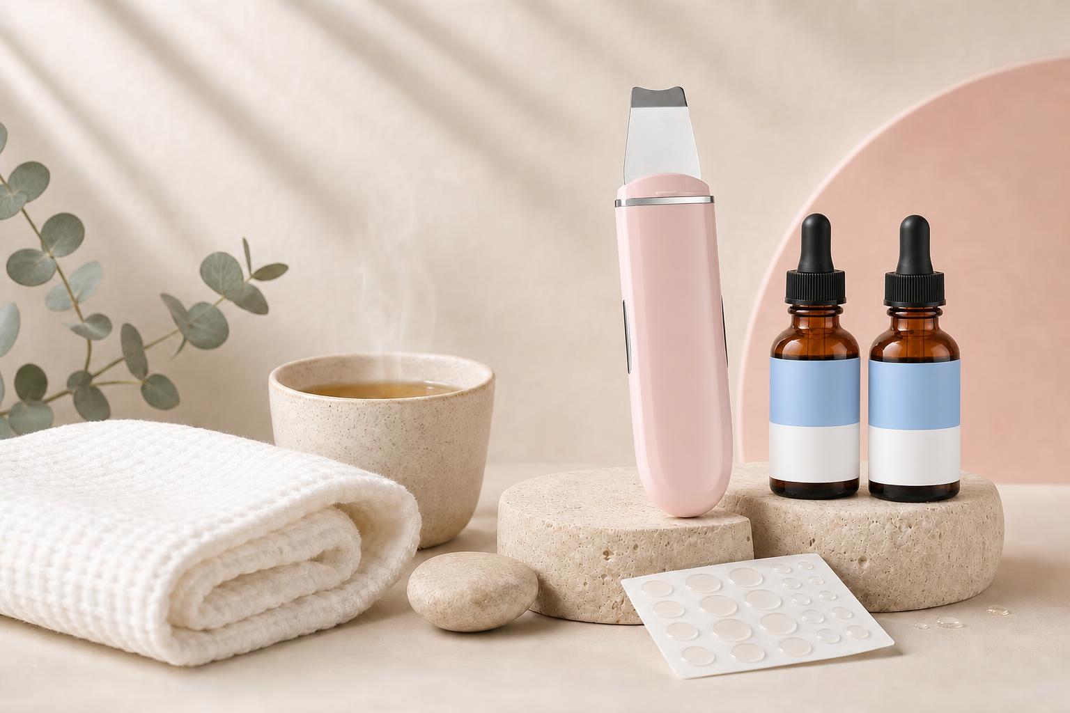 Glow Ritual kit on a bathroom vanity with a towel and a cup of tea