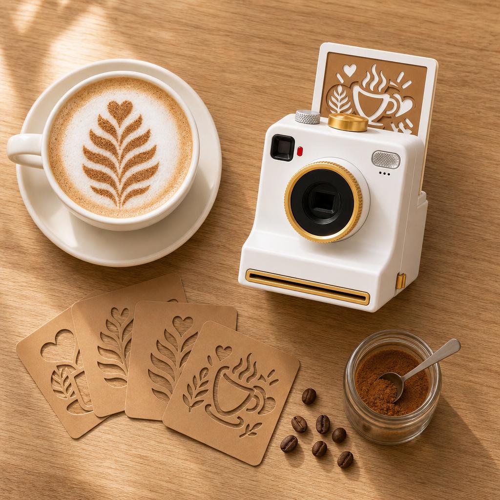 Flat lay of the latte art camera, stencil cards, cinnamon and a cappuccino