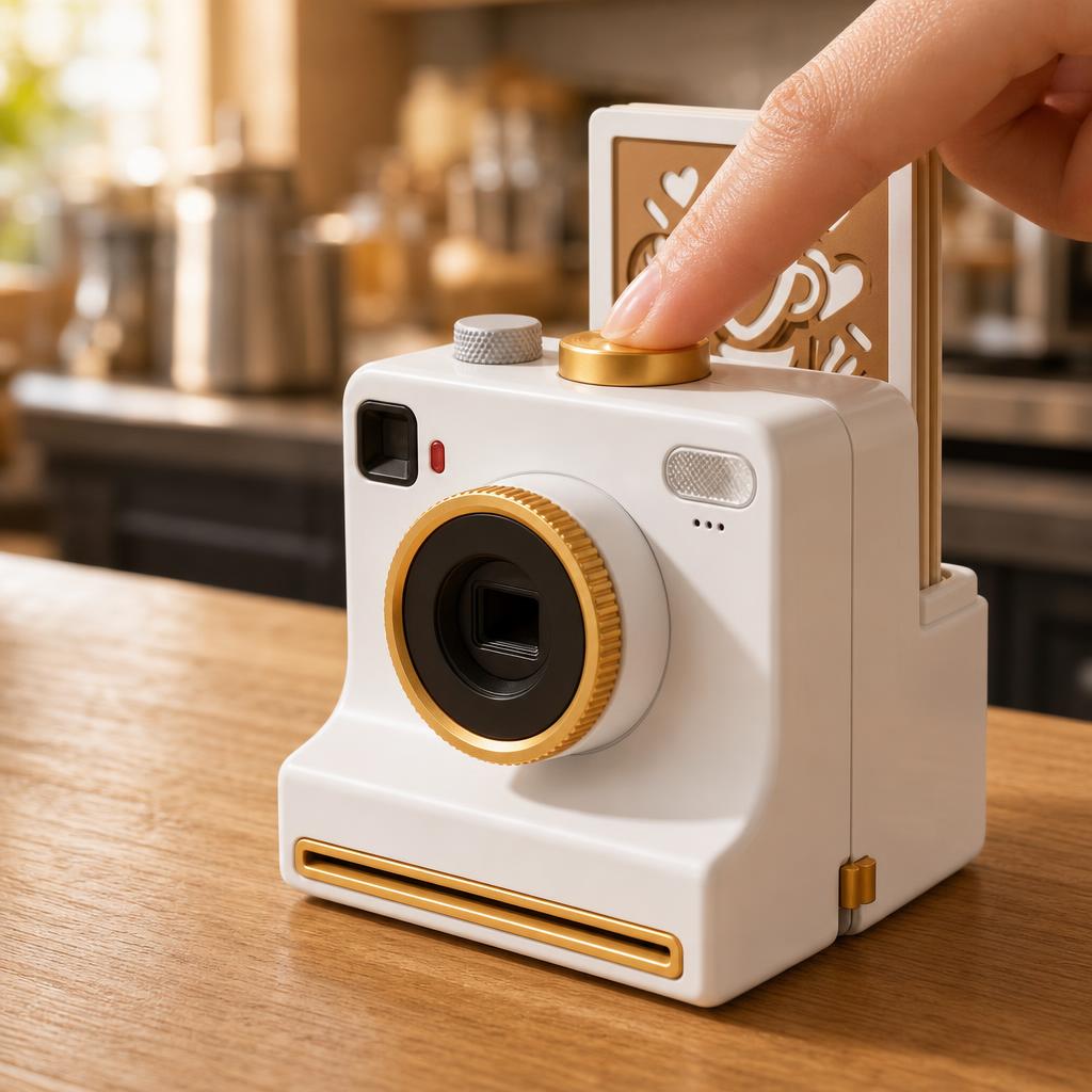 Close-up of a finger pressing the golden shutter button