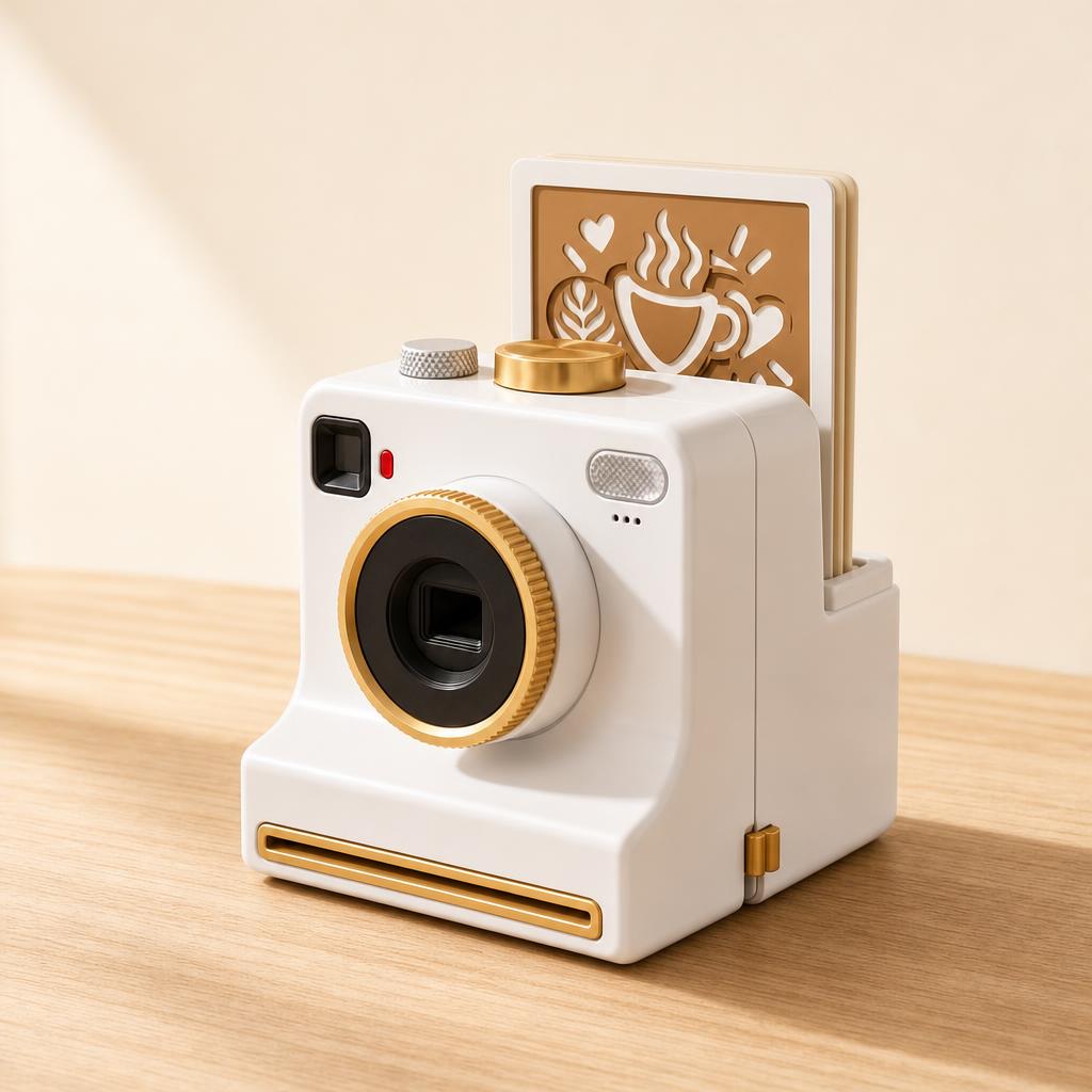 Latte art camera in White with gold details