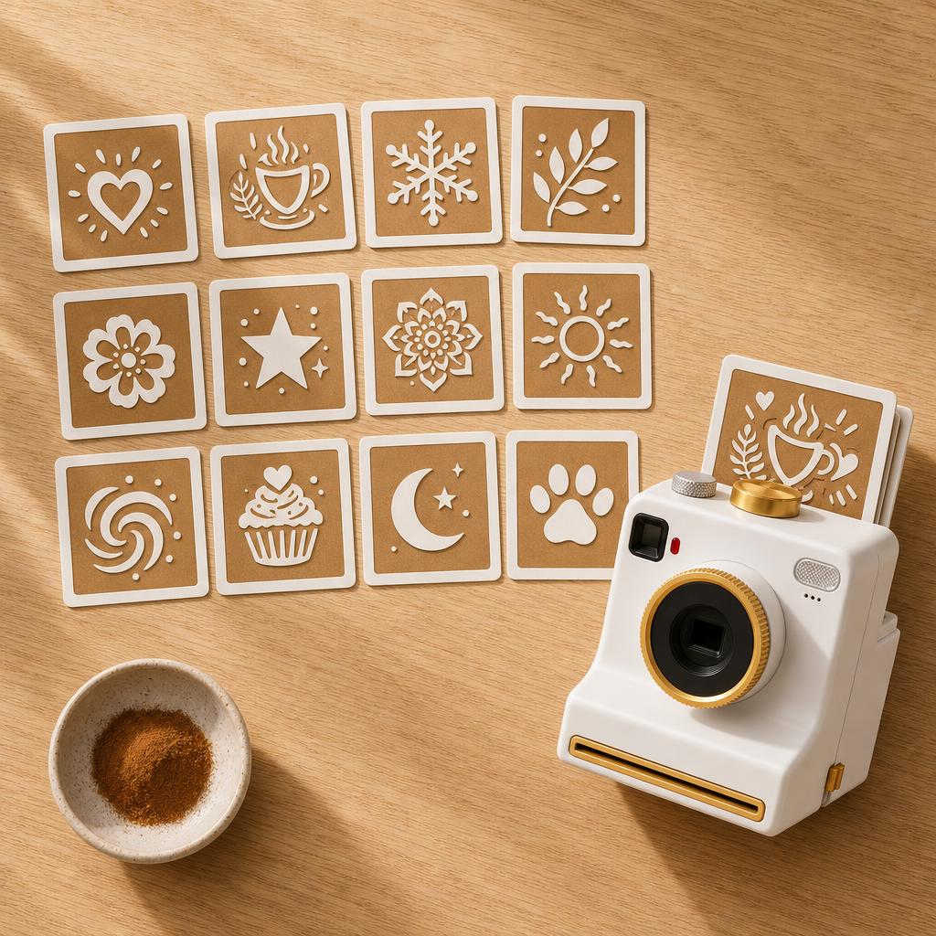 Twelve reusable stencil cards with different designs next to the camera