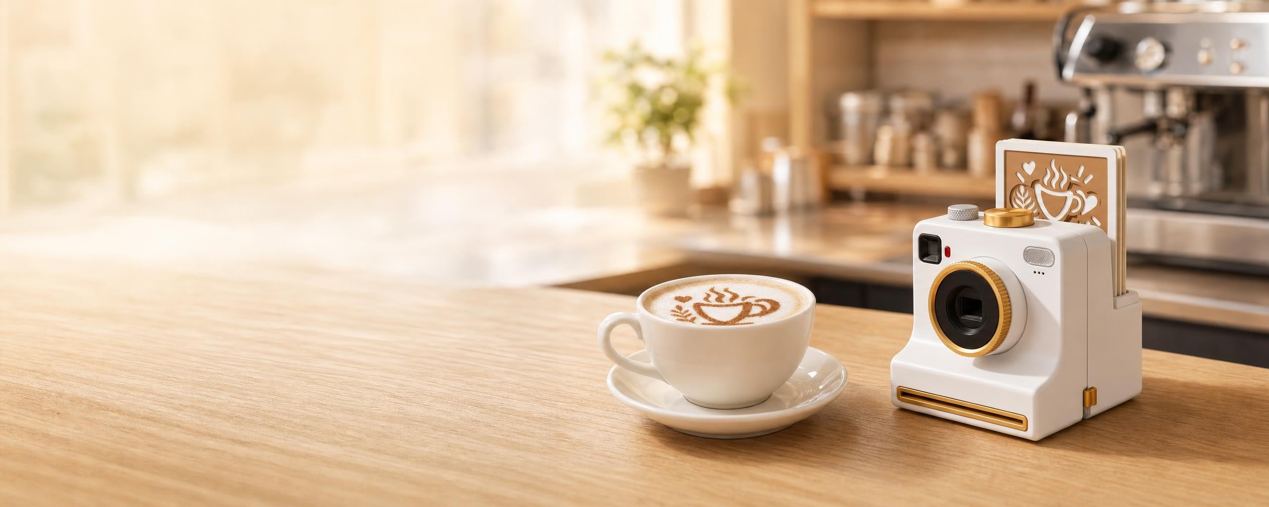 Camera latte art maker next to a cappuccino with cinnamon art