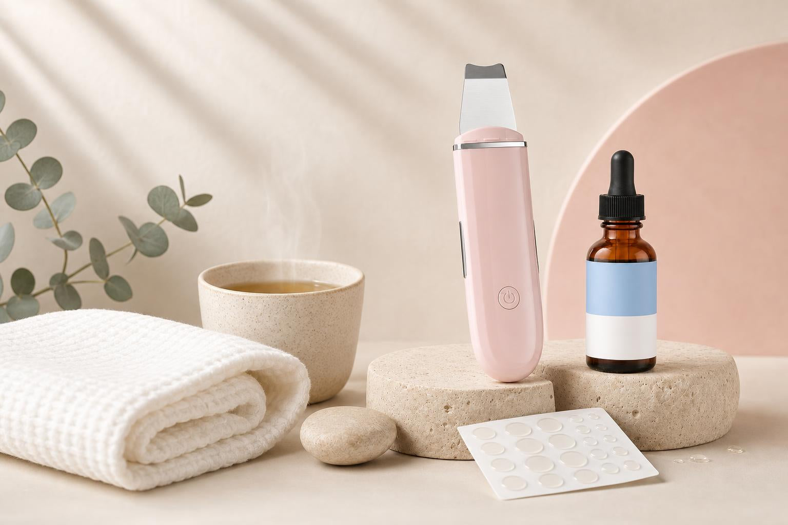 Glow Ritual kit on a bathroom vanity with a towel and a cup of tea